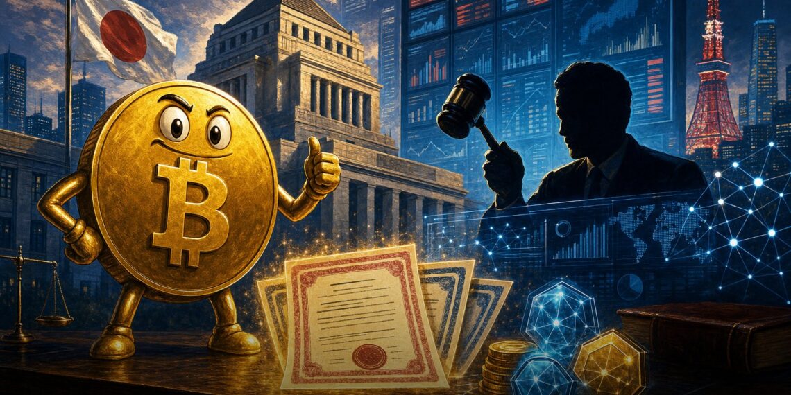 Ilustração editorial sobre o Japão tratando criptoativos como ações sob nova regra financeira