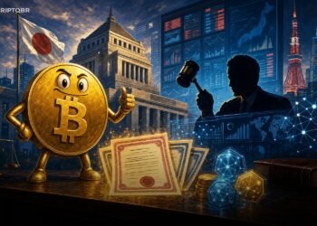 Ilustração editorial sobre o Japão tratando criptoativos como ações sob nova regra financeira