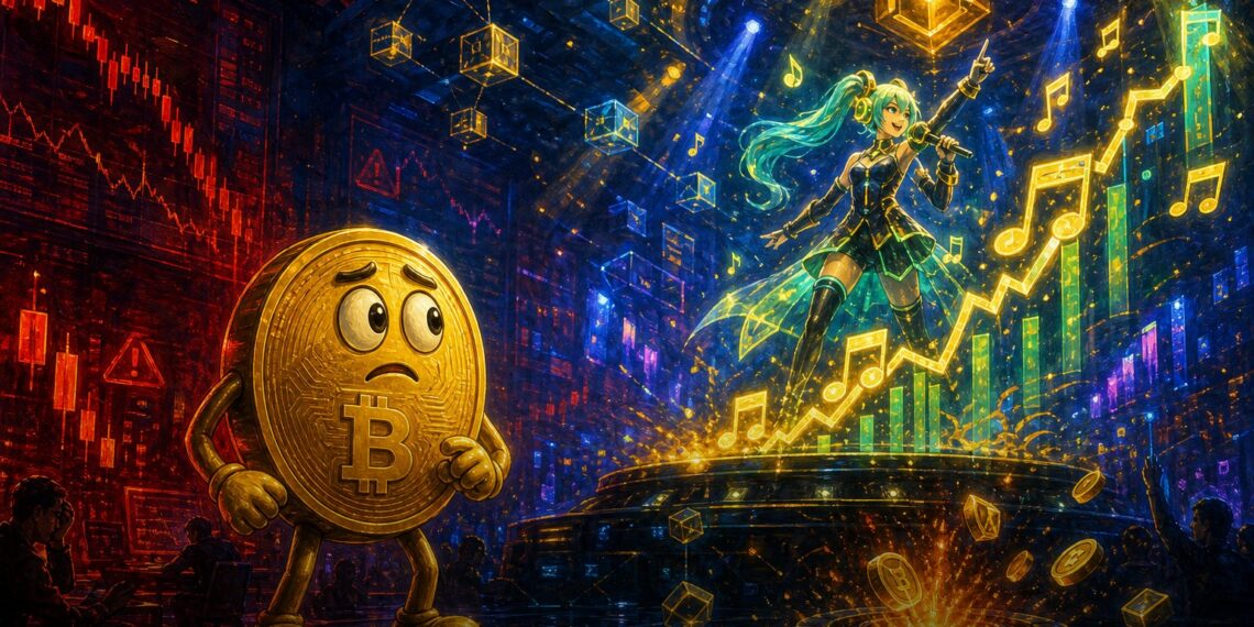 Ilustração editorial do token BEAT subindo na BNB Chain com mascote Bitcoin e alerta de risco