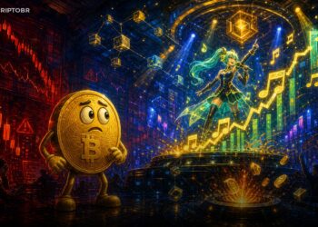 Ilustração editorial do token BEAT subindo na BNB Chain com mascote Bitcoin e alerta de risco