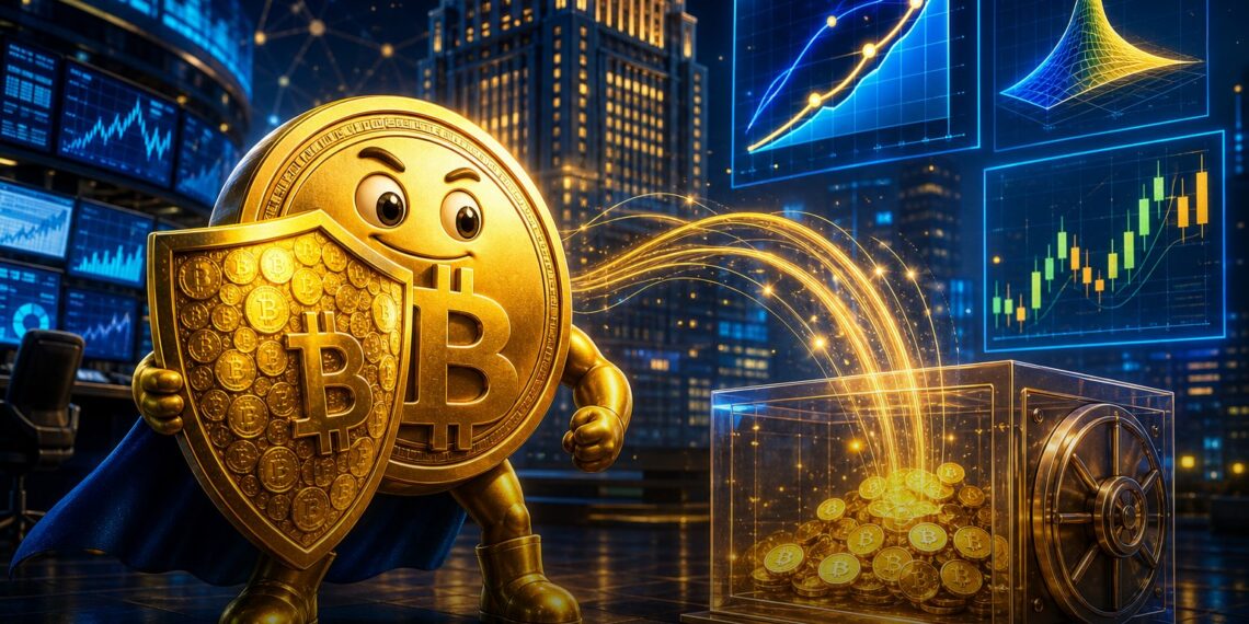 Ilustração editorial de Bitcoin e ETF de renda da BlackRock na Nasdaq