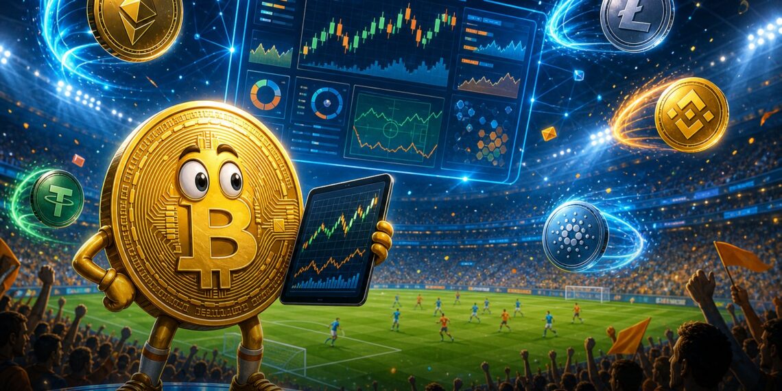 Ilustração editorial de mercado de previsão cripto em estádio de futebol