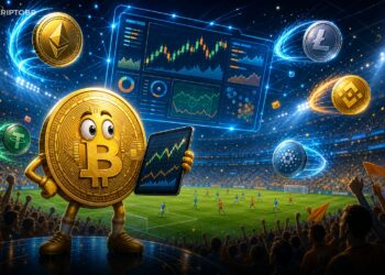 Ilustração editorial de mercado de previsão cripto em estádio de futebol