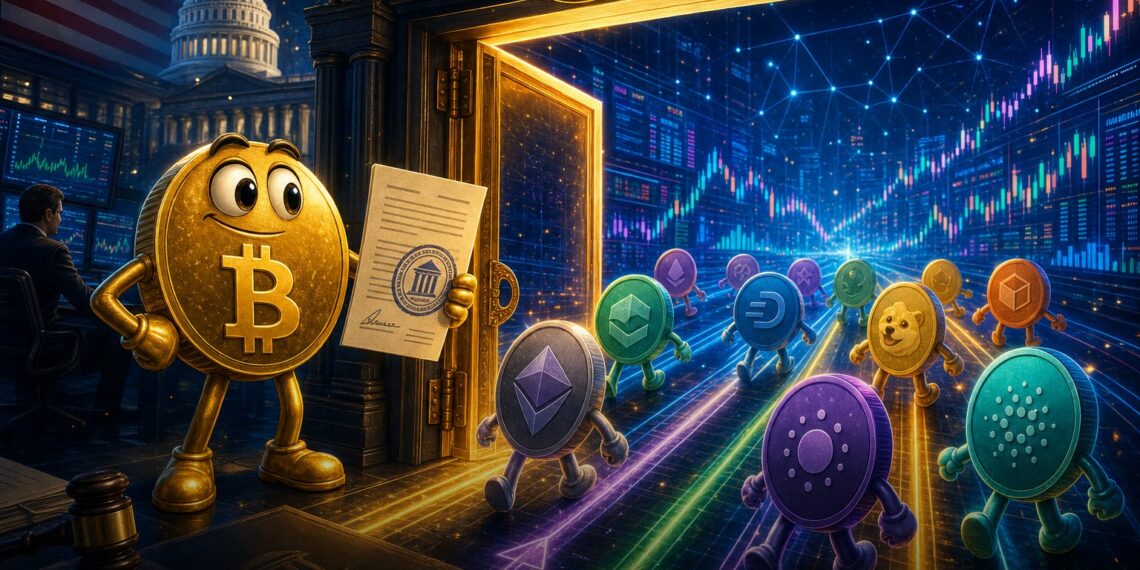 Ilustração editorial sobre Kalshi e contratos perpétuos regulados de altcoins nos EUA