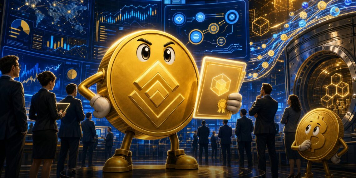Ilustração editorial da BNB Chain com ETF, DeFi, stablecoins e investidores institucionais