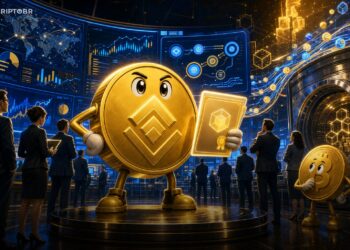 Ilustração editorial da BNB Chain com ETF, DeFi, stablecoins e investidores institucionais