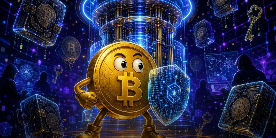 Ilustração editorial sobre Bitcoin, computação quântica e moedas antigas vulneráveis