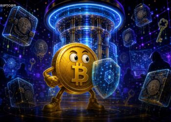 Ilustração editorial sobre Bitcoin, computação quântica e moedas antigas vulneráveis