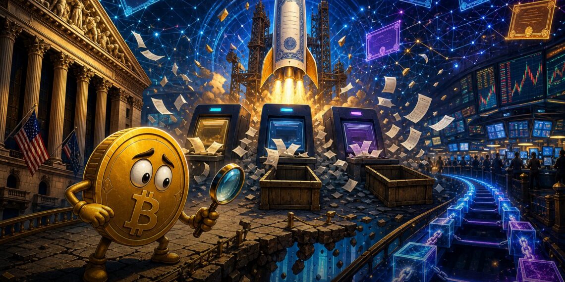 Ilustração editorial sobre falha em alocações tokenizadas da SpaceX por exchanges cripto