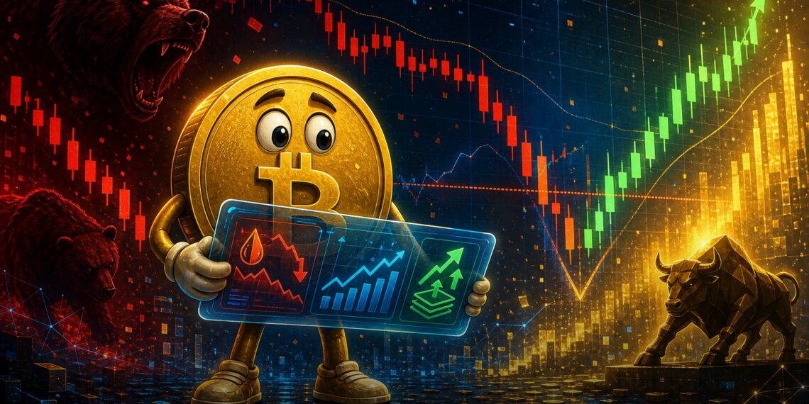 Ilustração editorial do Bitcoin se recuperando após semana volátil no mercado cripto