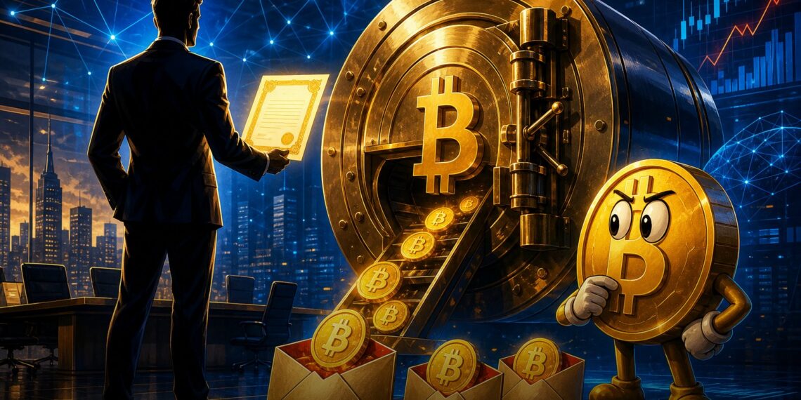 Ilustração editorial de Michael Saylor, Strategy e Bitcoin como base de crédito corporativo
