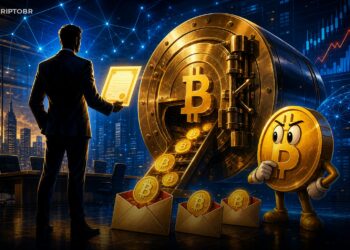 Ilustração editorial de Michael Saylor, Strategy e Bitcoin como base de crédito corporativo