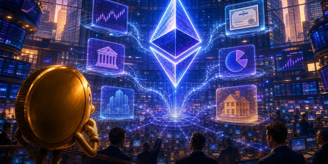 Ilustração editorial de Ethereum, Wall Street e ativos tokenizados em blockchain