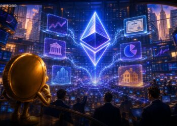 Ilustração editorial de Ethereum, Wall Street e ativos tokenizados em blockchain