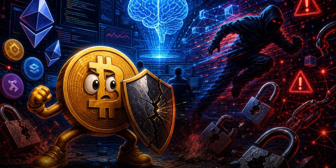 Ilustração editorial de IA acelerando ataques contra protocolos DeFi, com mascote Bitcoin segurando um escudo digital