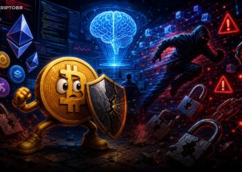 Ilustração editorial de IA acelerando ataques contra protocolos DeFi, com mascote Bitcoin segurando um escudo digital