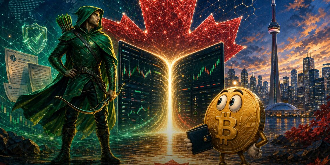 Ilustração editorial da Robinhood entrando no mercado cripto do Canadá com WonderFi