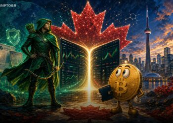 Ilustração editorial da Robinhood entrando no mercado cripto do Canadá com WonderFi