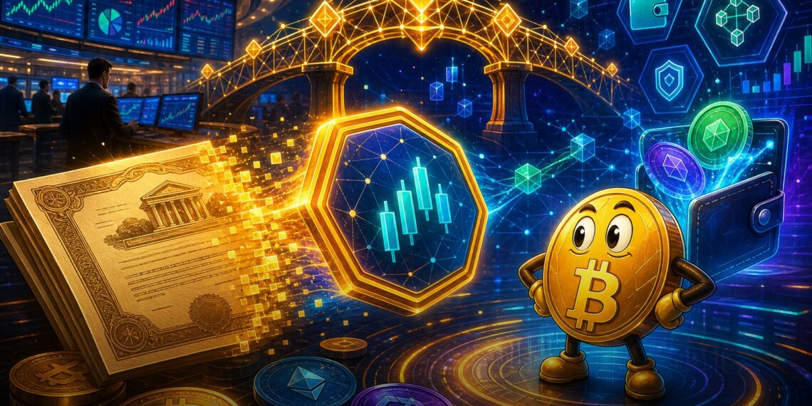 Ilustração editorial sobre bStocks, ações tokenizadas e BNB Chain