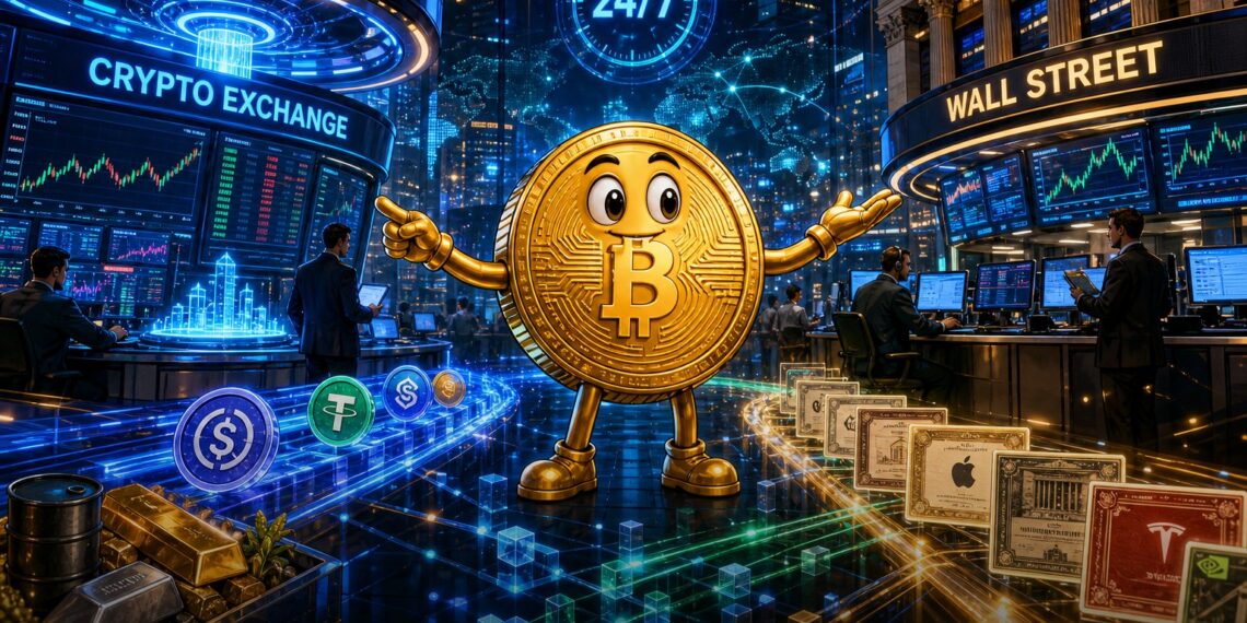 Ilustração editorial de Bitcoin entre exchange cripto e Wall Street tokenizada