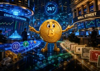 Ilustração editorial de Bitcoin entre exchange cripto e Wall Street tokenizada