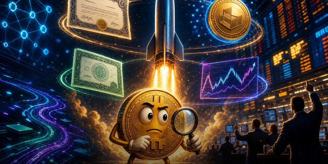 Ilustração editorial sobre ações tokenizadas da SpaceX e fragmentação entre produtos cripto
