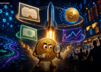 Ilustração editorial sobre ações tokenizadas da SpaceX e fragmentação entre produtos cripto