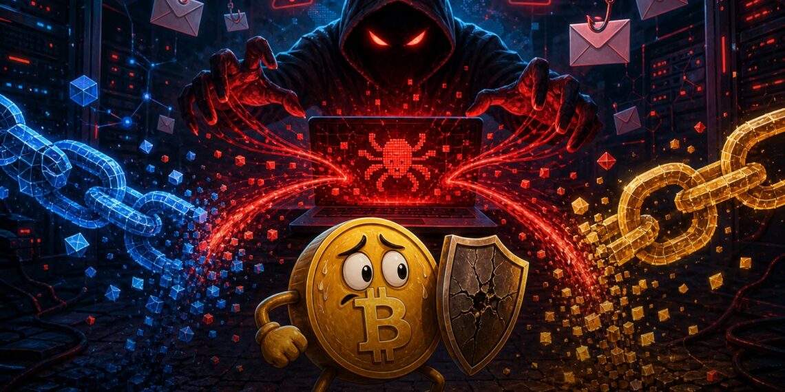 Ilustração editorial sobre hack da Humanity Protocol, phishing, malware e pontes blockchain