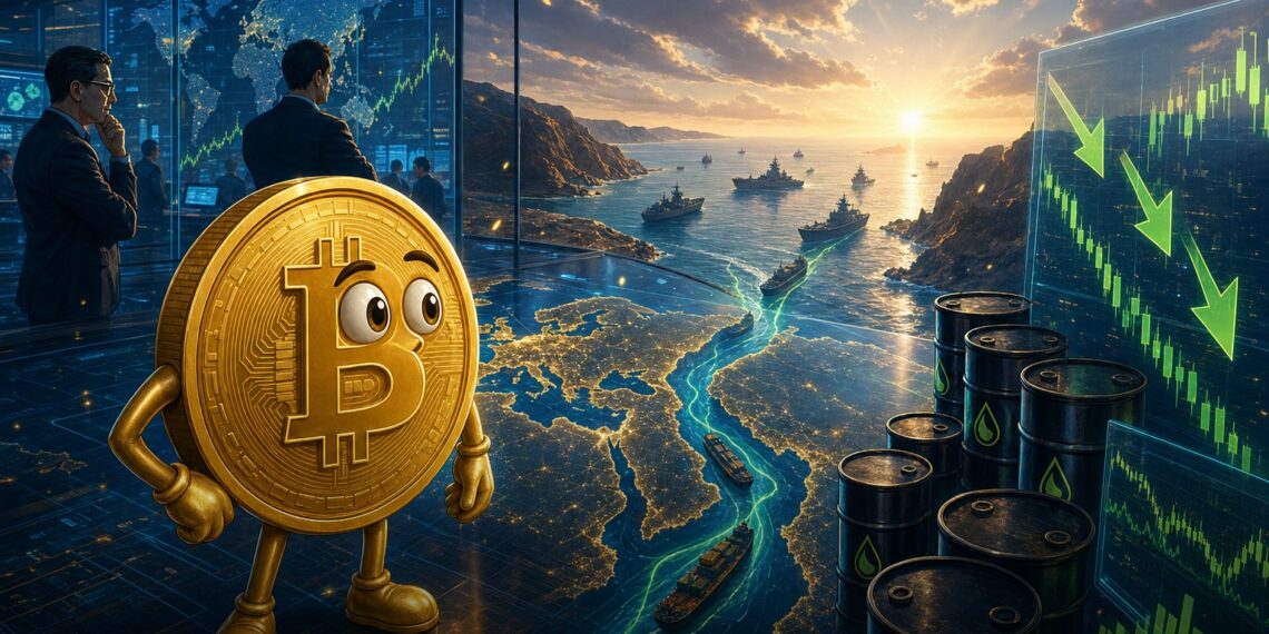 Ilustração editorial do Bitcoin reagindo ao alívio no petróleo após acordo entre EUA e Irã