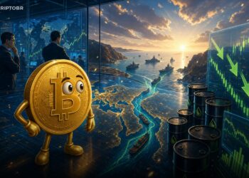 Ilustração editorial do Bitcoin reagindo ao alívio no petróleo após acordo entre EUA e Irã