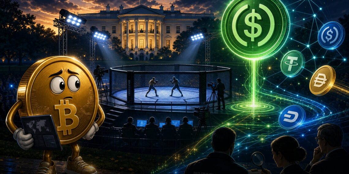 Ilustração editorial sobre stablecoin USD1, UFC e debate regulatório cripto nos EUA