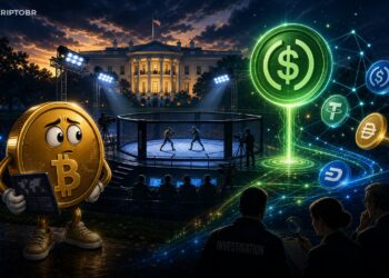 Ilustração editorial sobre stablecoin USD1, UFC e debate regulatório cripto nos EUA