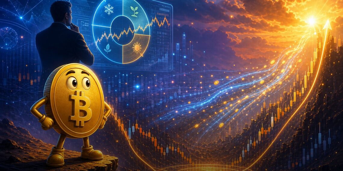 Ilustração editorial do mascote Bitcoin observando suporte de mercado perto de US$ 60 mil