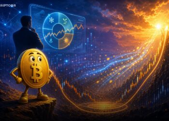 Ilustração editorial do mascote Bitcoin observando suporte de mercado perto de US$ 60 mil