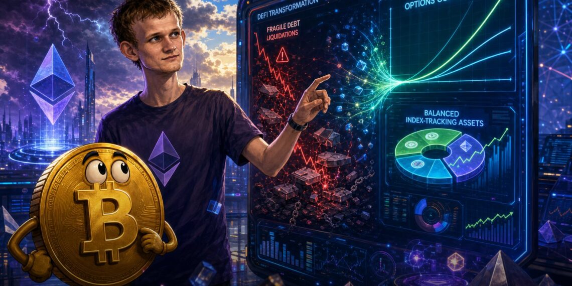 Ilustração editorial de Vitalik Buterin analisando contratos de opções no DeFi