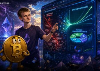 Ilustração editorial de Vitalik Buterin analisando contratos de opções no DeFi