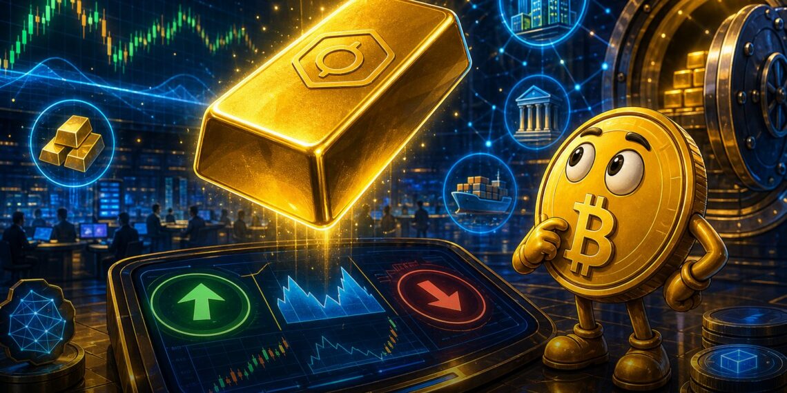 Ilustração editorial de ouro tokenizado e derivativos cripto com mascote Bitcoin em uma mesa de negociação digital.