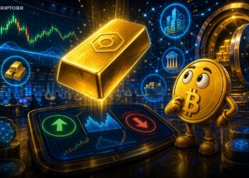 Ilustração editorial de ouro tokenizado e derivativos cripto com mascote Bitcoin em uma mesa de negociação digital.