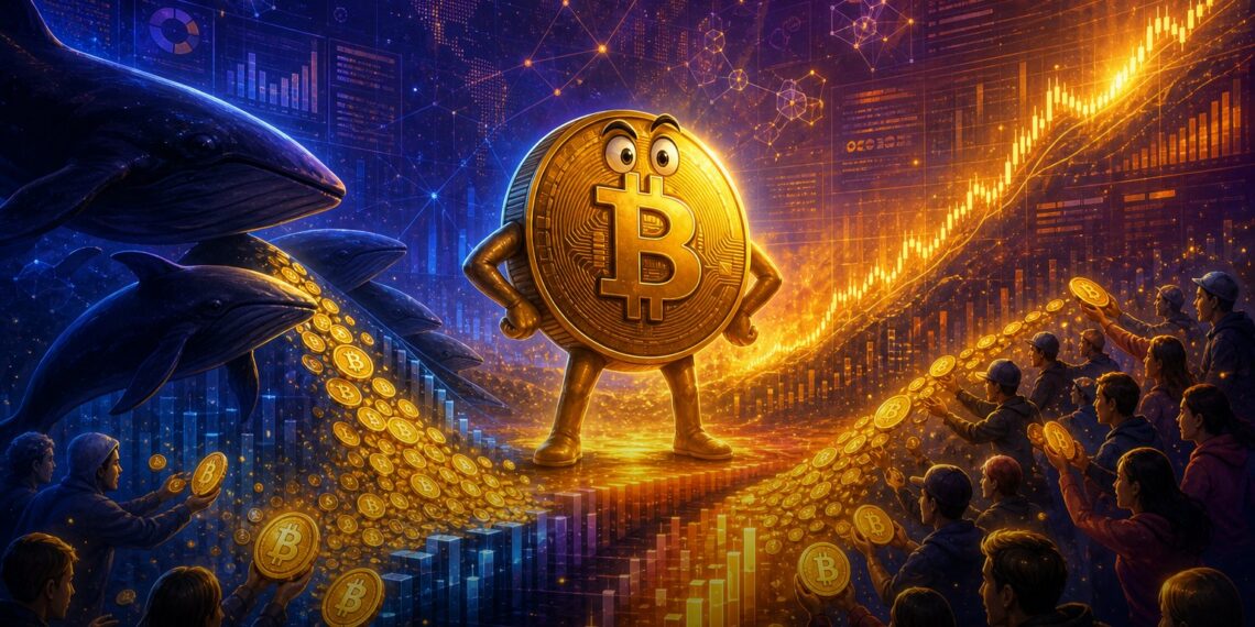 Mascote do Bitcoin em cena de acumulação com investidores comprando BTC durante a queda do mercado
