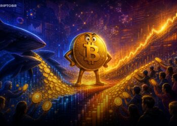 Mascote do Bitcoin em cena de acumulação com investidores comprando BTC durante a queda do mercado