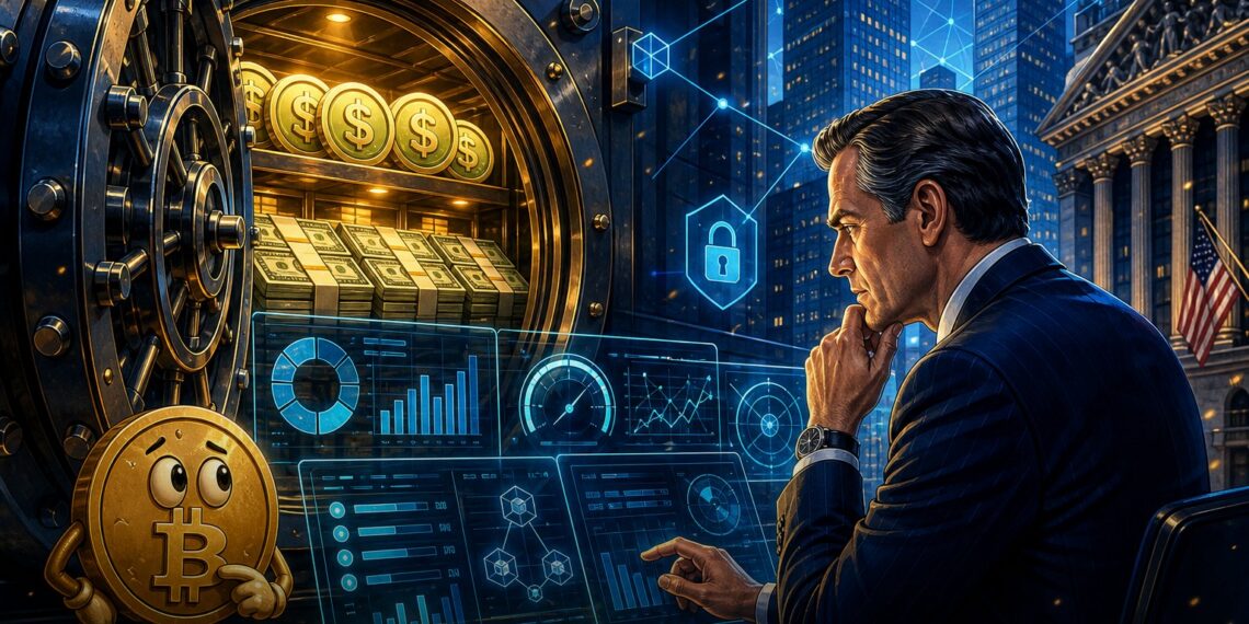 Ilustração editorial de cofre institucional com tokens de stablecoin e títulos do Tesouro representando reservas digitais.