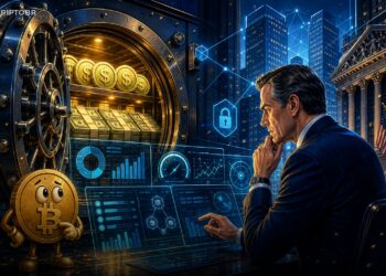 Ilustração editorial de cofre institucional com tokens de stablecoin e títulos do Tesouro representando reservas digitais.
