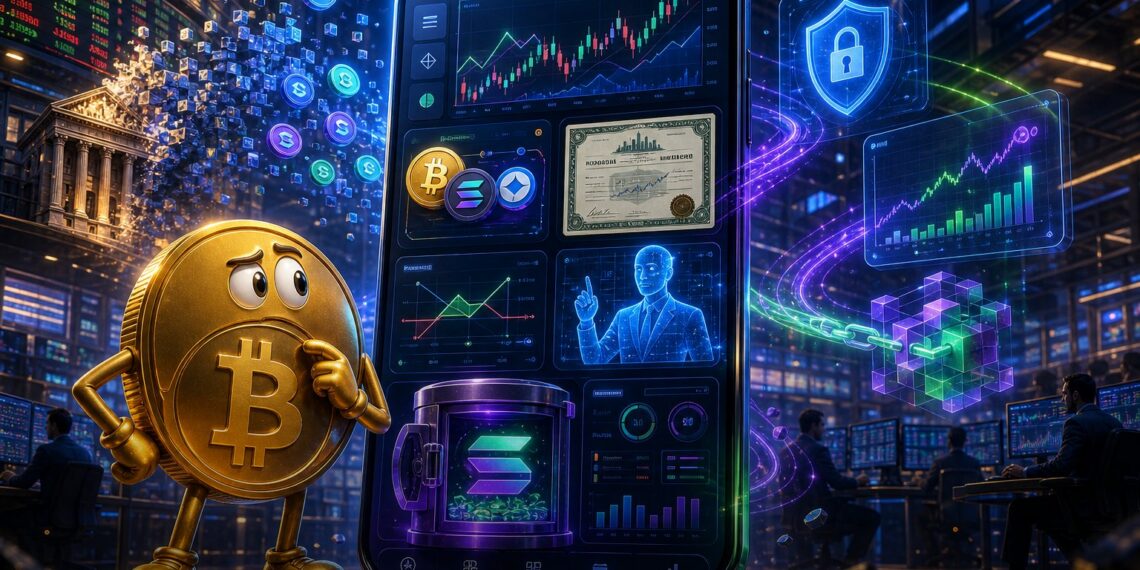 Ilustração editorial de app financeiro cripto com ações tokenizadas, gráficos, IA e mascote Bitcoin