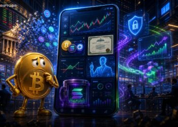 Ilustração editorial de app financeiro cripto com ações tokenizadas, gráficos, IA e mascote Bitcoin
