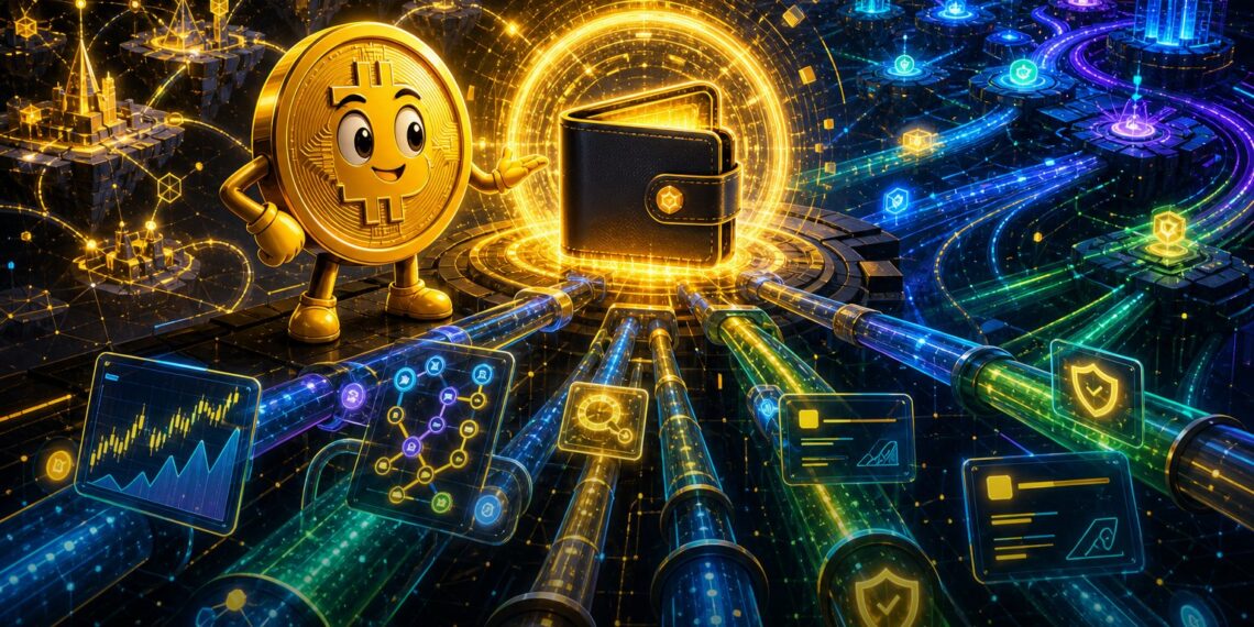 Ilustração editorial sobre Binance Wallet, API Web3 e infraestrutura multichain