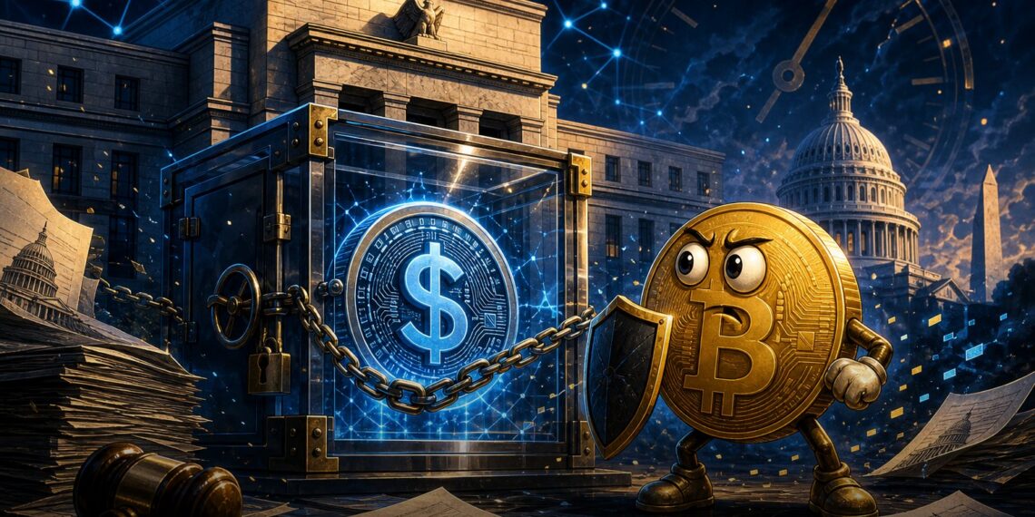 Ilustração editorial sobre Congresso dos EUA, dólar digital e Bitcoin diante de uma possível trava para CBDC até 2030
