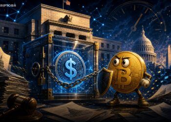 Ilustração editorial sobre Congresso dos EUA, dólar digital e Bitcoin diante de uma possível trava para CBDC até 2030