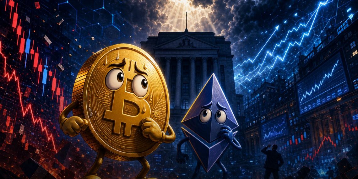 Mascote do Bitcoin observa mercado cripto em queda após decisão dura do Fed sobre juros