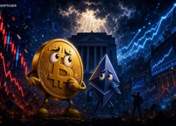 Mascote do Bitcoin observa mercado cripto em queda após decisão dura do Fed sobre juros