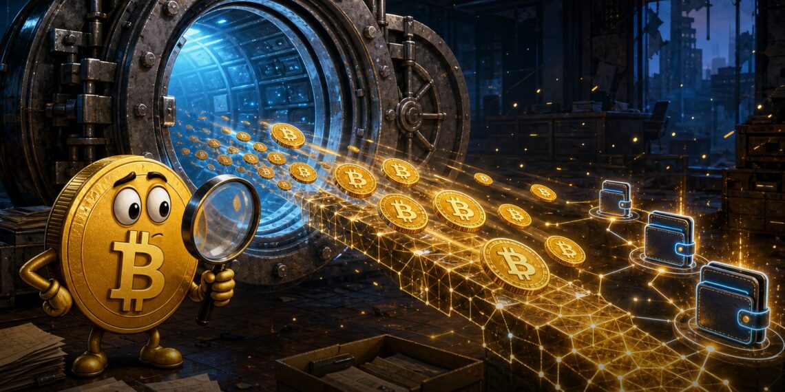 Ilustração editorial de uma carteira da Mt. Gox movimentando bitcoins antes de reembolsos
